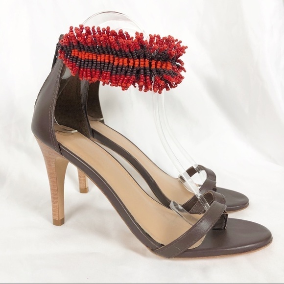 Ulla Johnson Kassia Beaded Open Round Toe Sandal Heels Size 37 Brown Red Summer - Picture 1 of 8